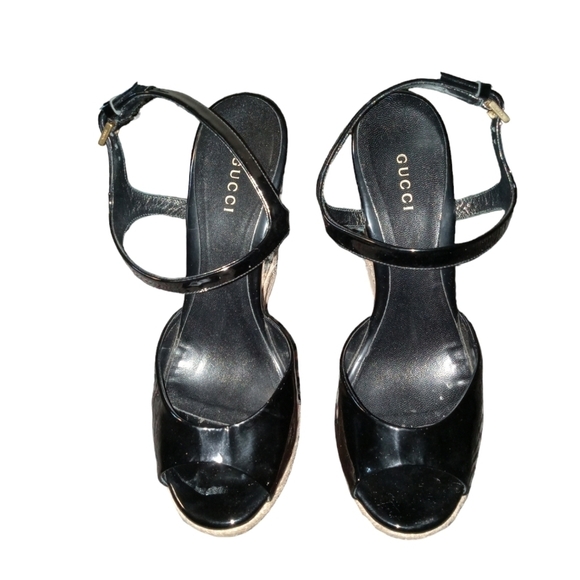 Gucci "Hollie" Black Patent Wedge Sandals Size 38 - Picture 2 of 5